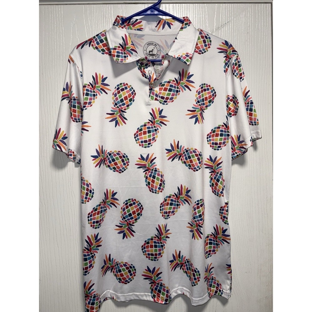 Proud 90 Golf Is Fun‎ Men's Small White Pineapple Stretch Short Sleeve Polo